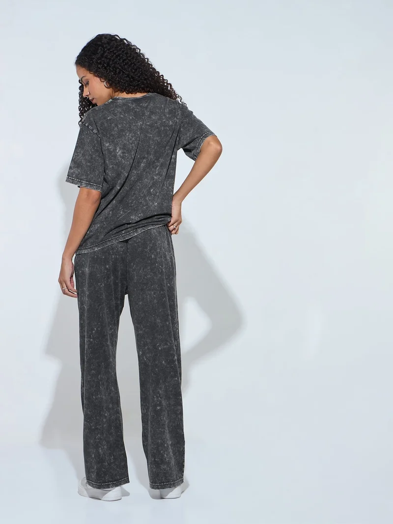Outzidr  Grey Acid Wash T-Shirt And Straight Pant for Women | Best Price UAE